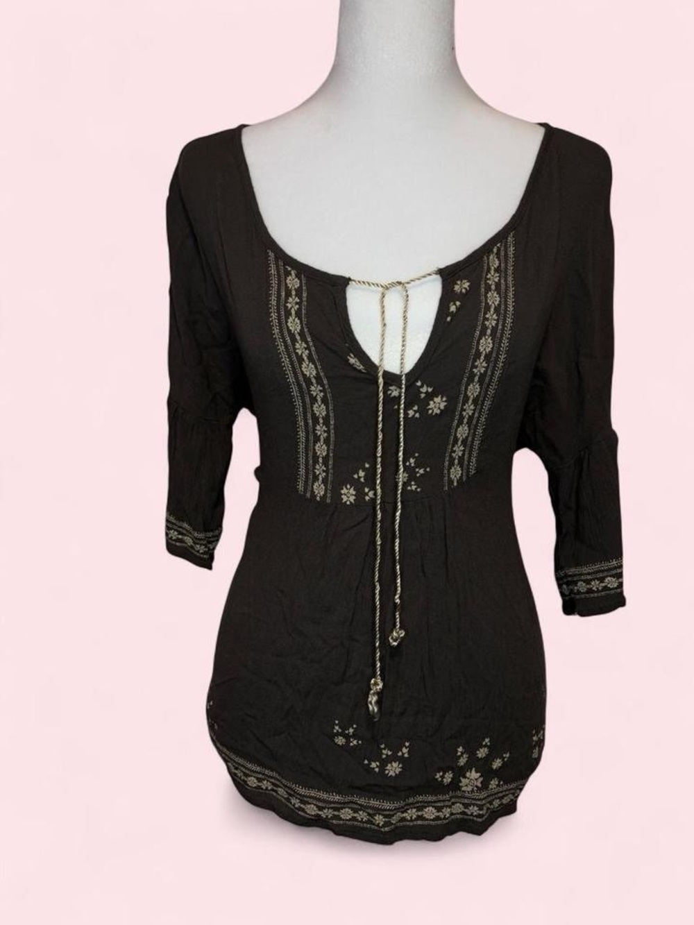 Timing Dark Brown Embroidered Peasant Tunic with Cream Accents